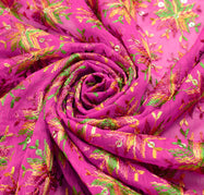 Sushila Vintage Fuchsia Pink Dupatta Art Chiffon Phulkari Embroidered Long Stole