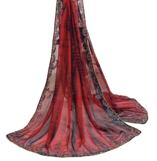 Sushila Vintage Red Black Tie-Dye Dupatta Pure Georgette Embroidered Long Stole