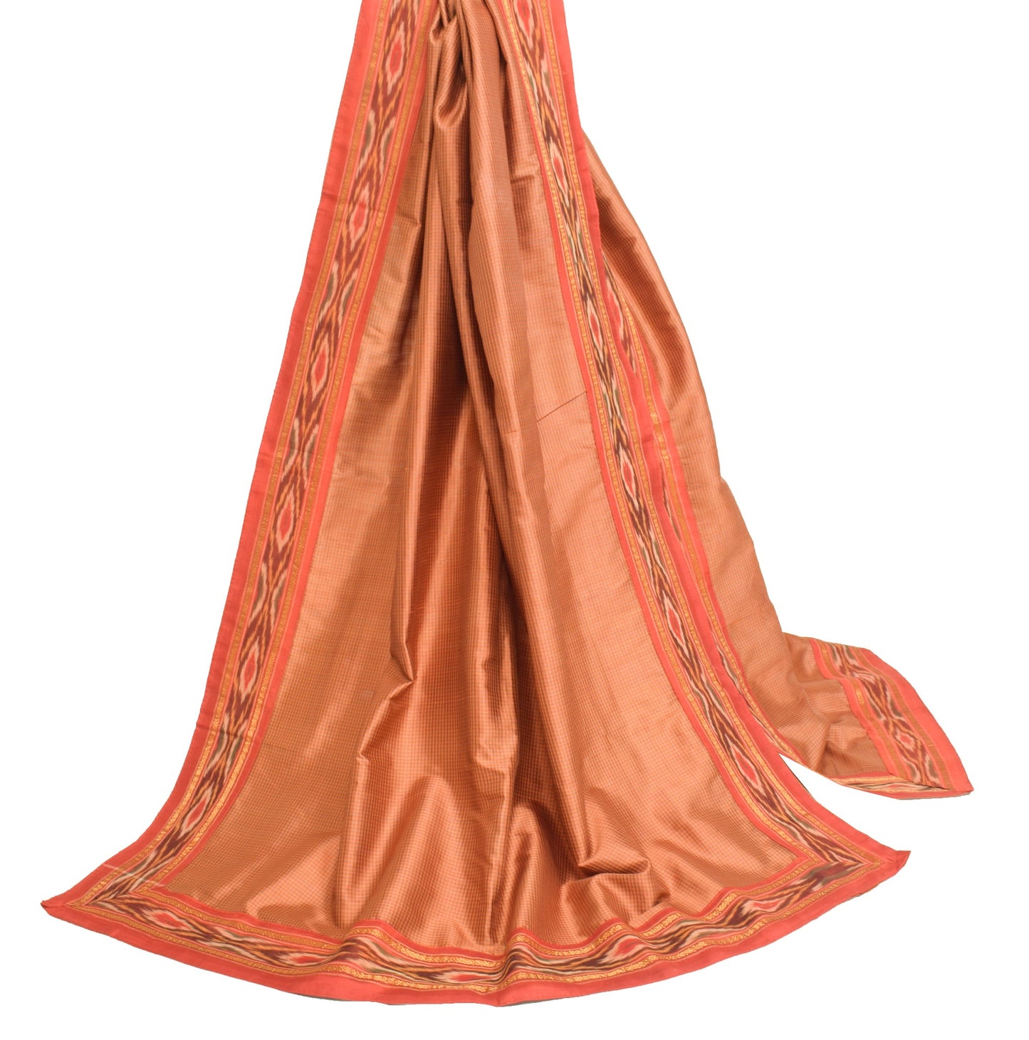 Sushila Vintage Rust Hand Woven 100% Pure Silk Checks Soft Long Stole Wrap Veil