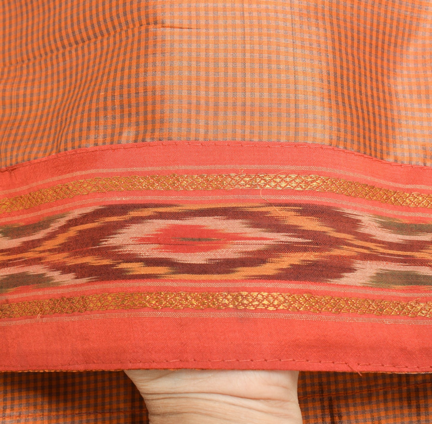 Sushila Vintage Rust Hand Woven 100% Pure Silk Checks Soft Long Stole Wrap Veil