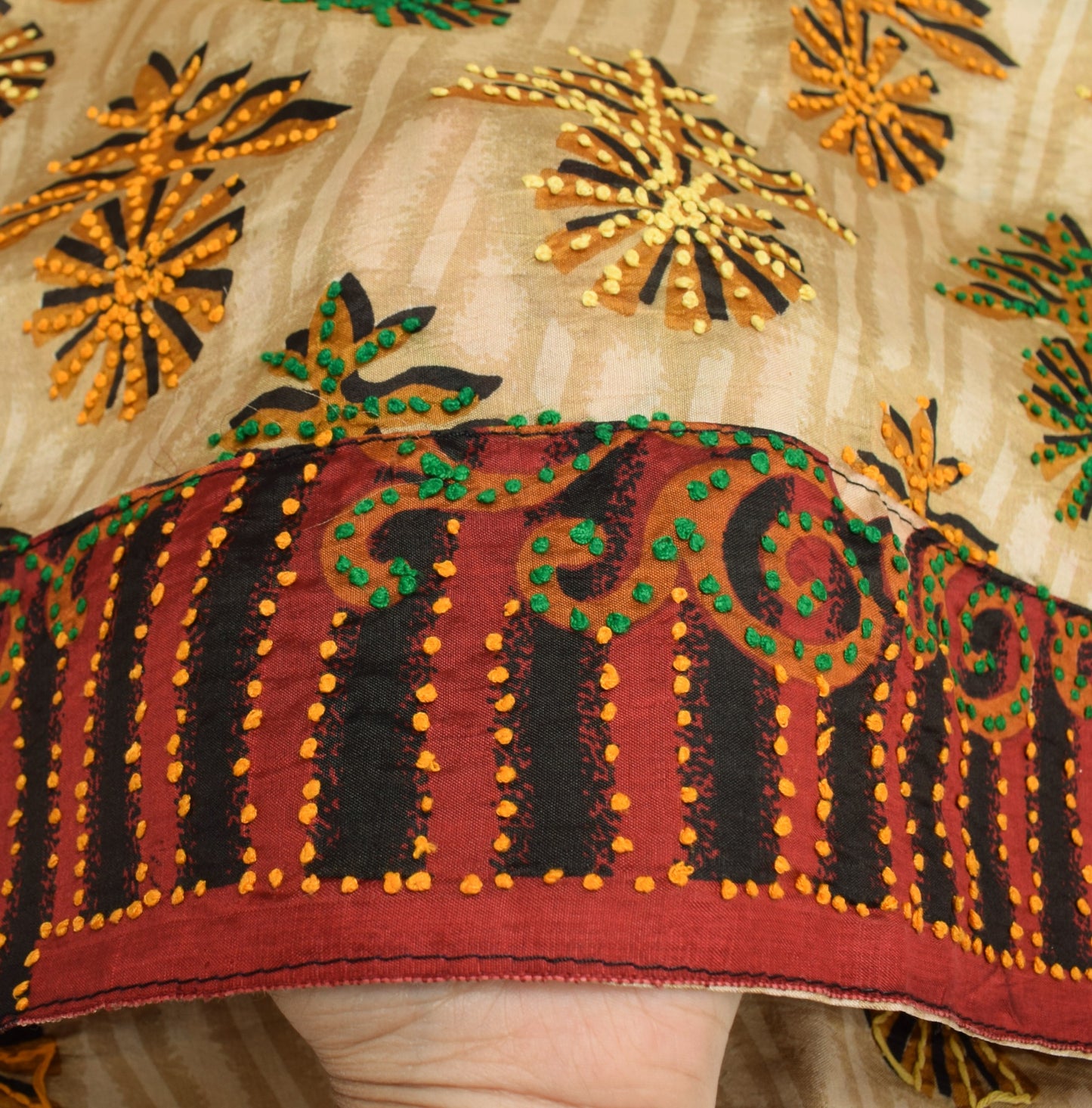 Sushila Vintage Light Brown Dupatta Pure Silk Hand Embroidered Floral Long Stole