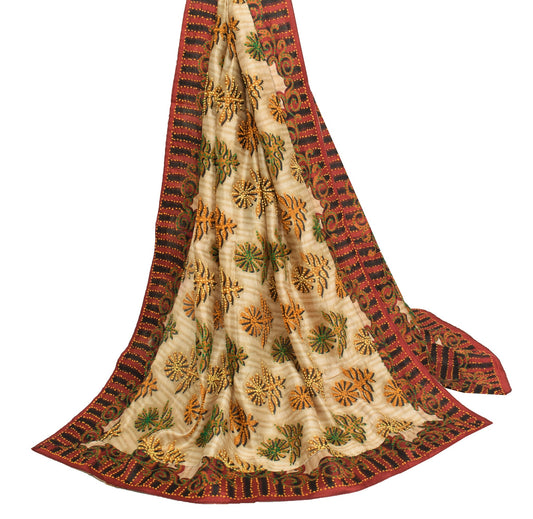 Sushila Vintage Light Brown Dupatta Pure Silk Hand Embroidered Floral Long Stole