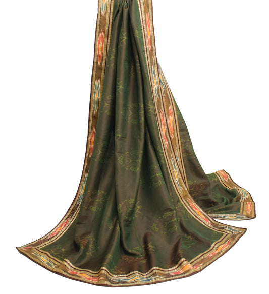 Sushila Vintage Green DualTone Dupatta Pure Silk Hand Woven Ikat Soft Long Stole