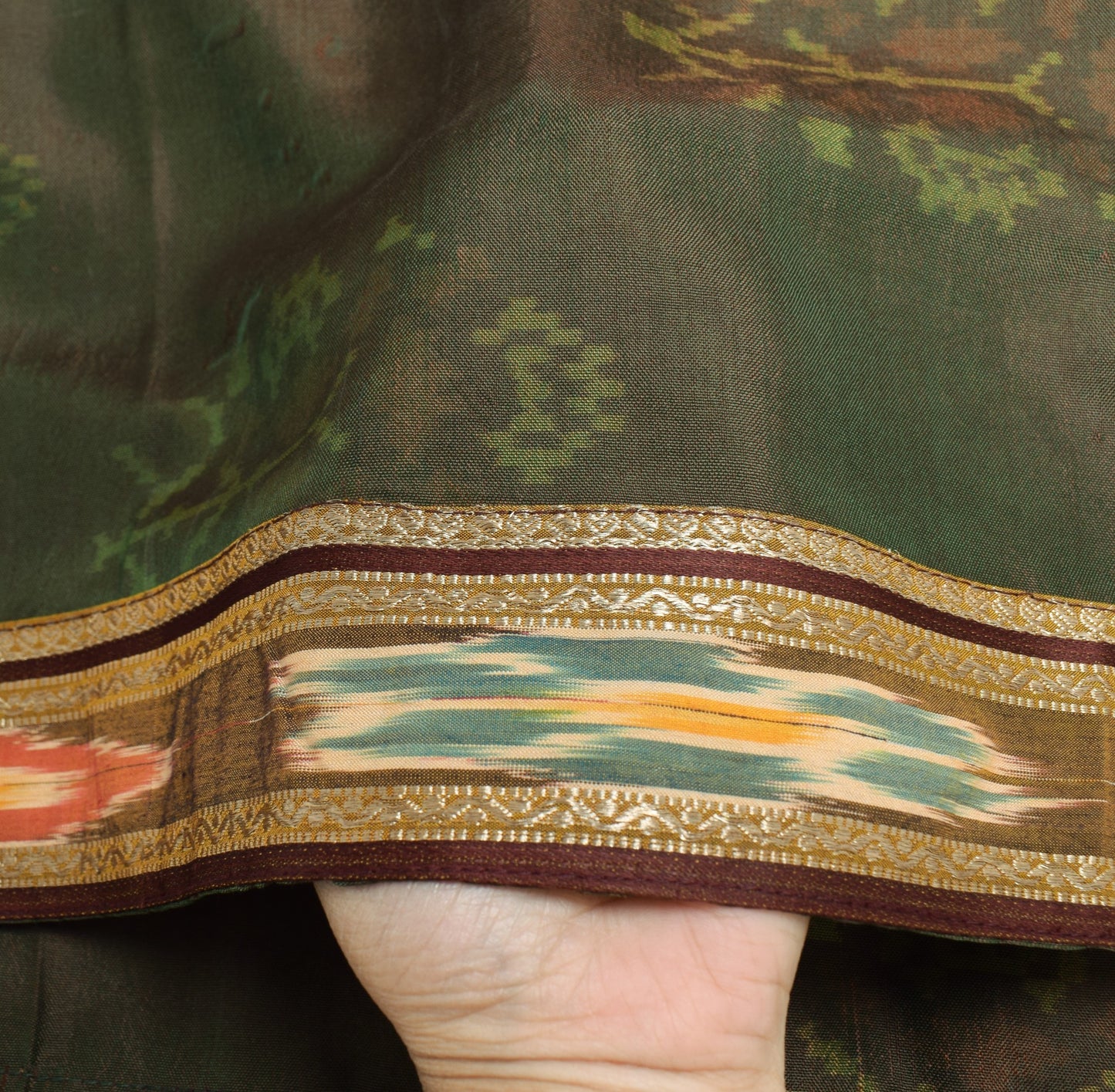 Sushila Vintage Green DualTone Dupatta Pure Silk Hand Woven Ikat Soft Long Stole