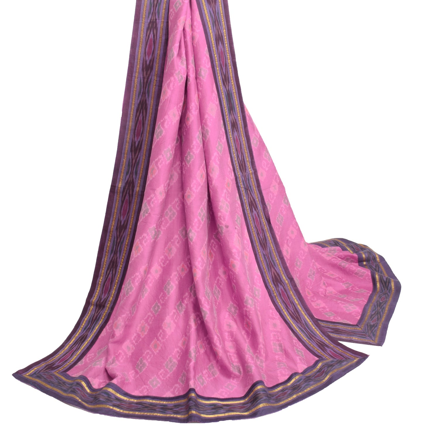 Sushila Vintage Fuchsia Pink Dupatta Pure Silk Hand Woven Ikat Soft Long Stole