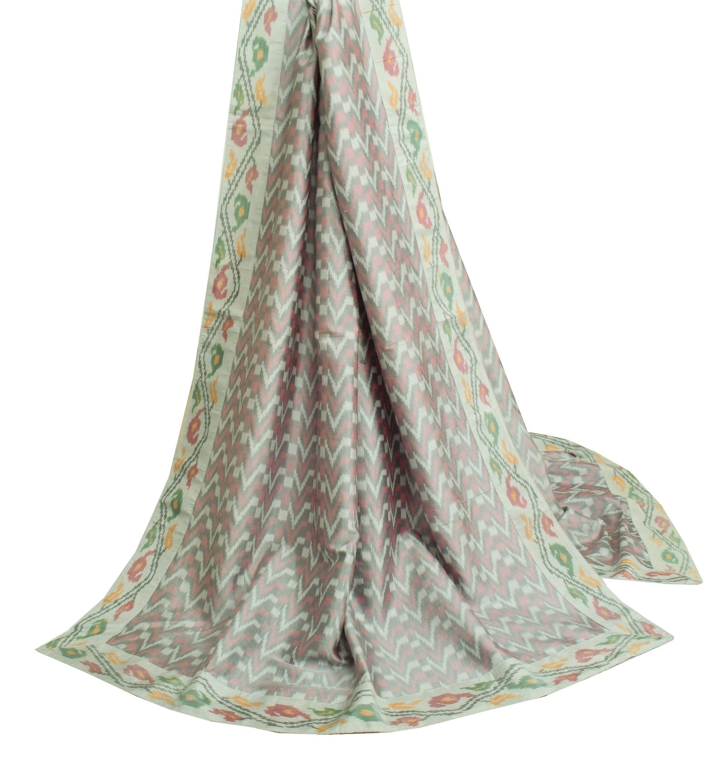 Sushila Vintage Gray Ikat Dupatta 100% Pure Silk Hand Woven Soft Long Stole Wrap