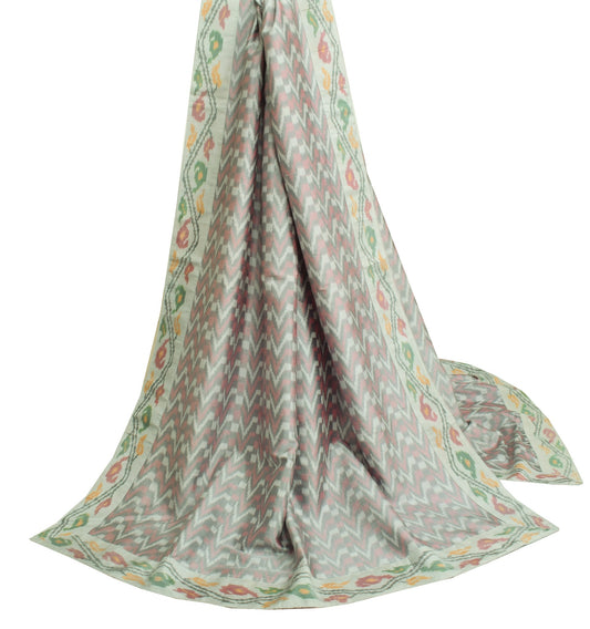 Sushila Vintage Gray Ikat Dupatta 100% Pure Silk Hand Woven Soft Long Stole Wrap