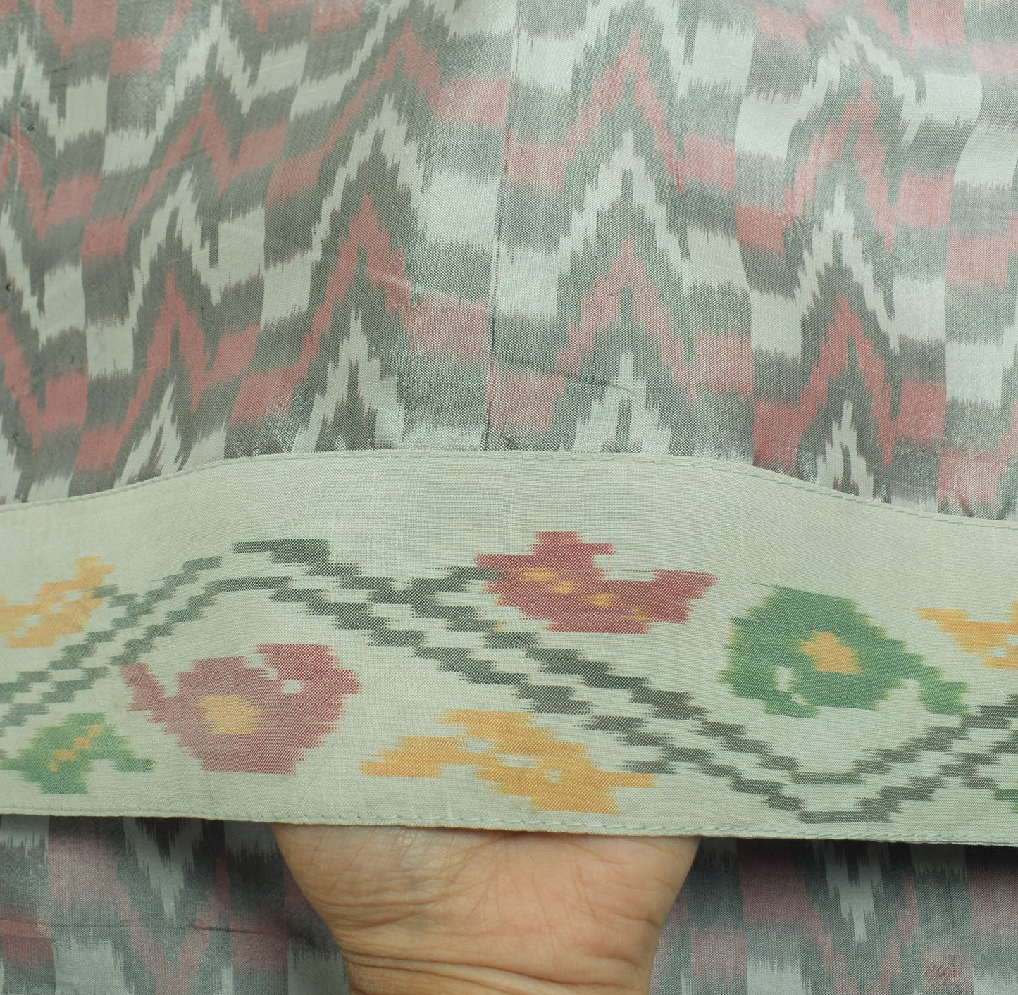 Sushila Vintage Gray Ikat Dupatta 100% Pure Silk Hand Woven Soft Long Stole Wrap