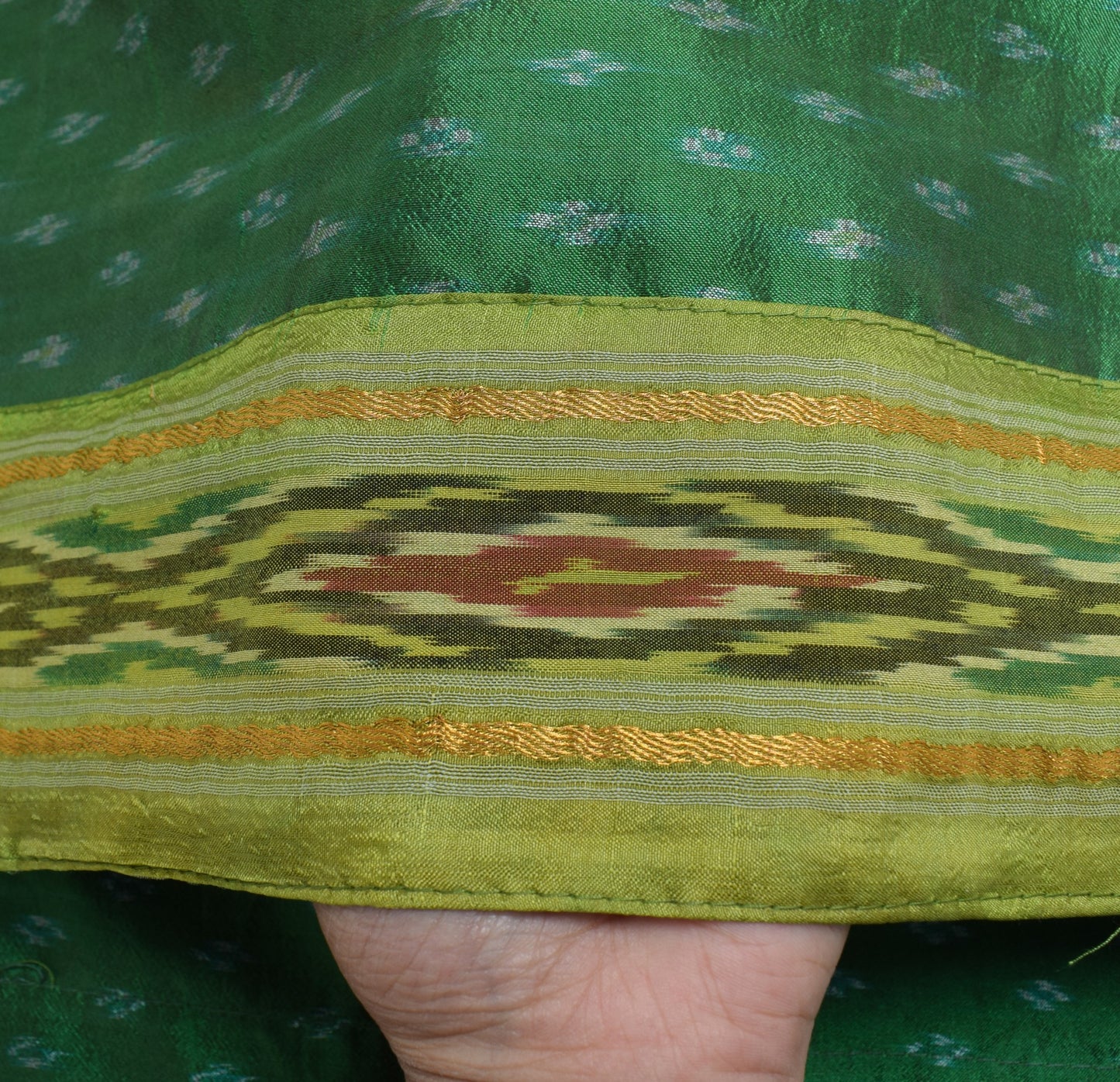 Sushila Vintage Green Ikat Dupatta Hand woven 100%Pure Silk Soft Long Stole Veil