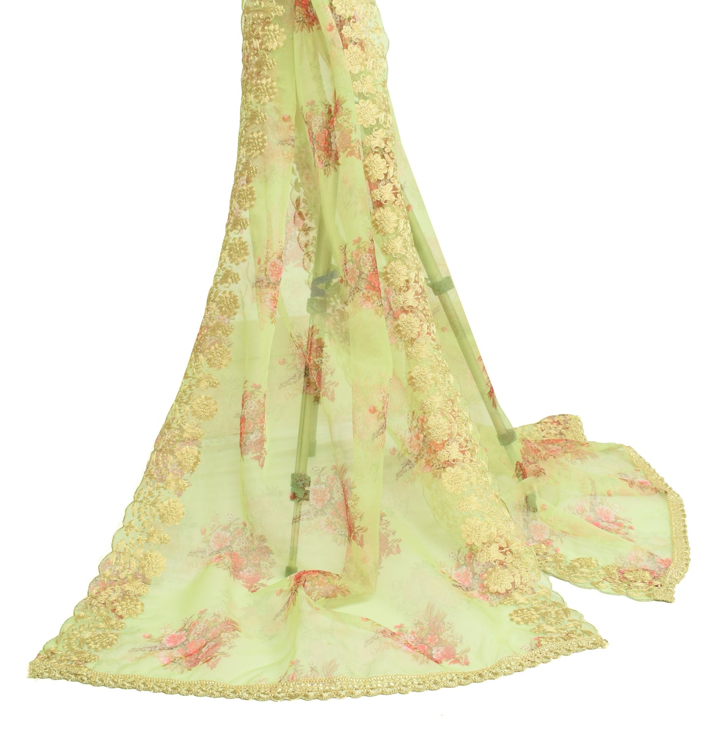 Sushila Vintage Green Floral Dupatta Art Organza Digital Printed Long Stole Wrap