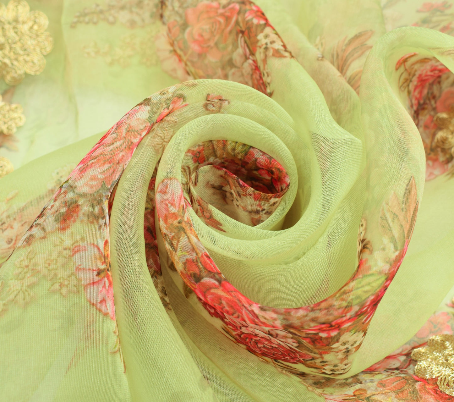 Sushila Vintage Green Floral Dupatta Art Organza Digital Printed Long Stole Wrap