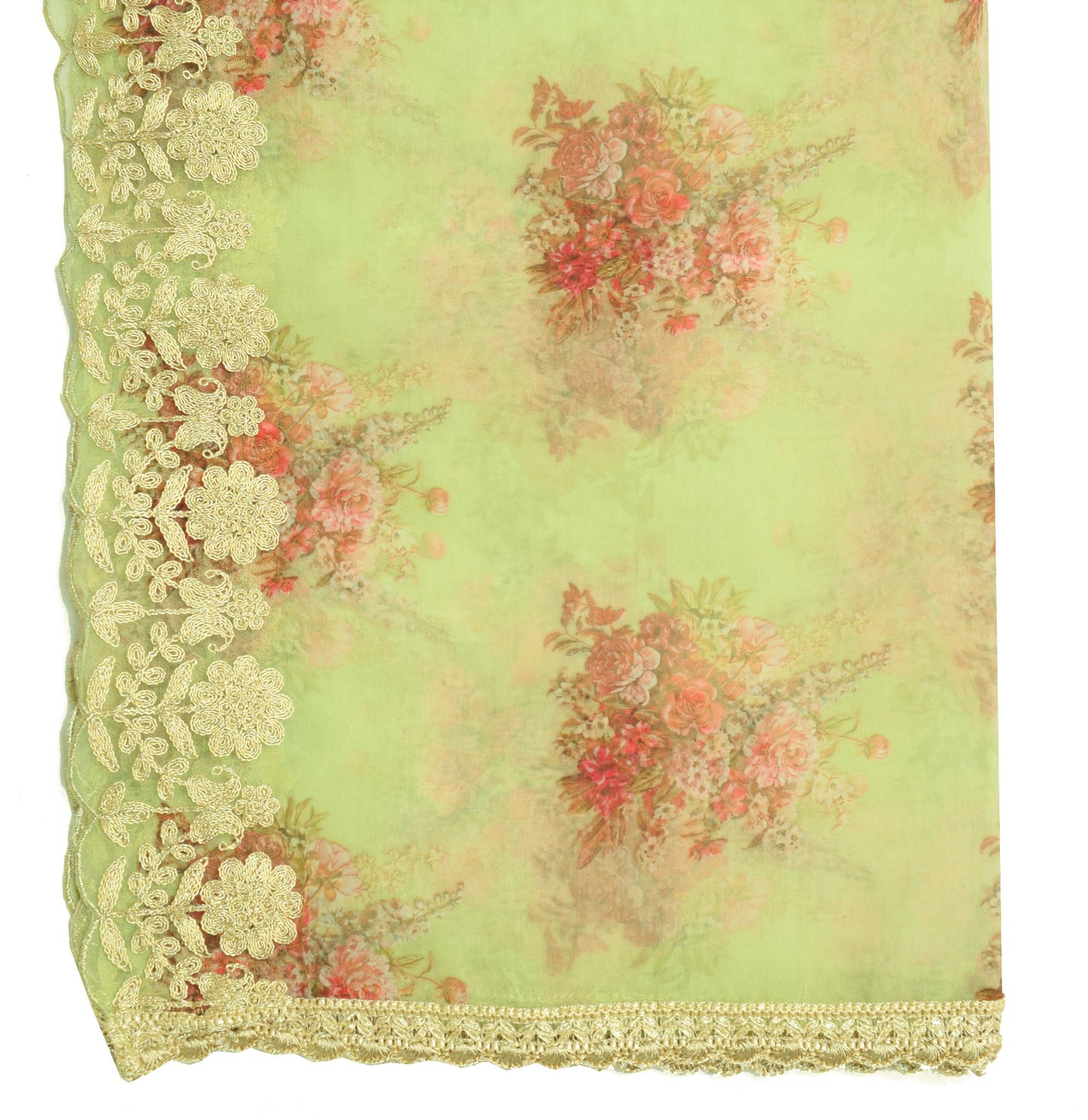 Sushila Vintage Green Floral Dupatta Art Organza Digital Printed Long Stole Wrap