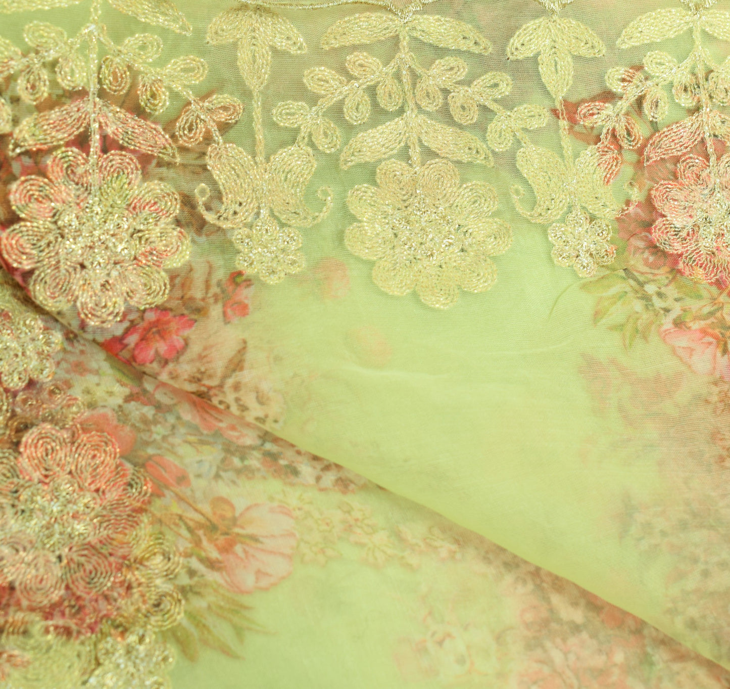 Sushila Vintage Green Floral Dupatta Art Organza Digital Printed Long Stole Wrap