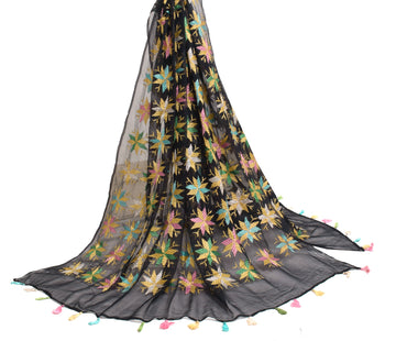 Sushila Vintage Black Phulkari Dupatta Pure Chiffon Floral Embroidery Long Stole