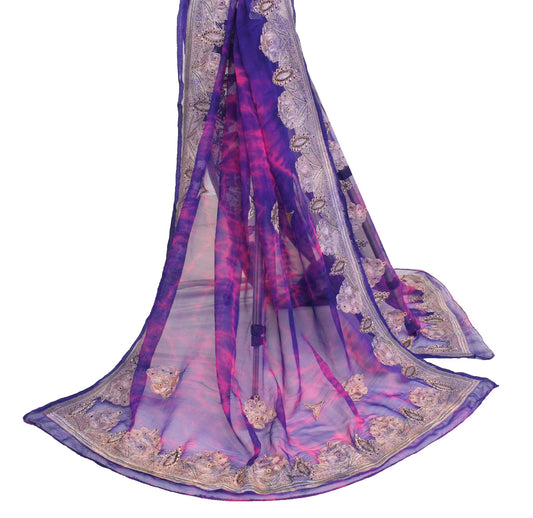 Sushila Vintage Blue Magenta Dupatta Pure Chiffon Embroidered Floral Long Stole