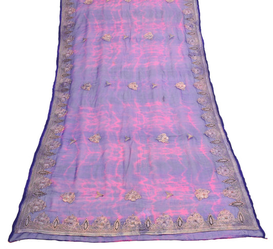 Sushila Vintage Blue Magenta Dupatta Pure Chiffon Embroidered Floral Long Stole