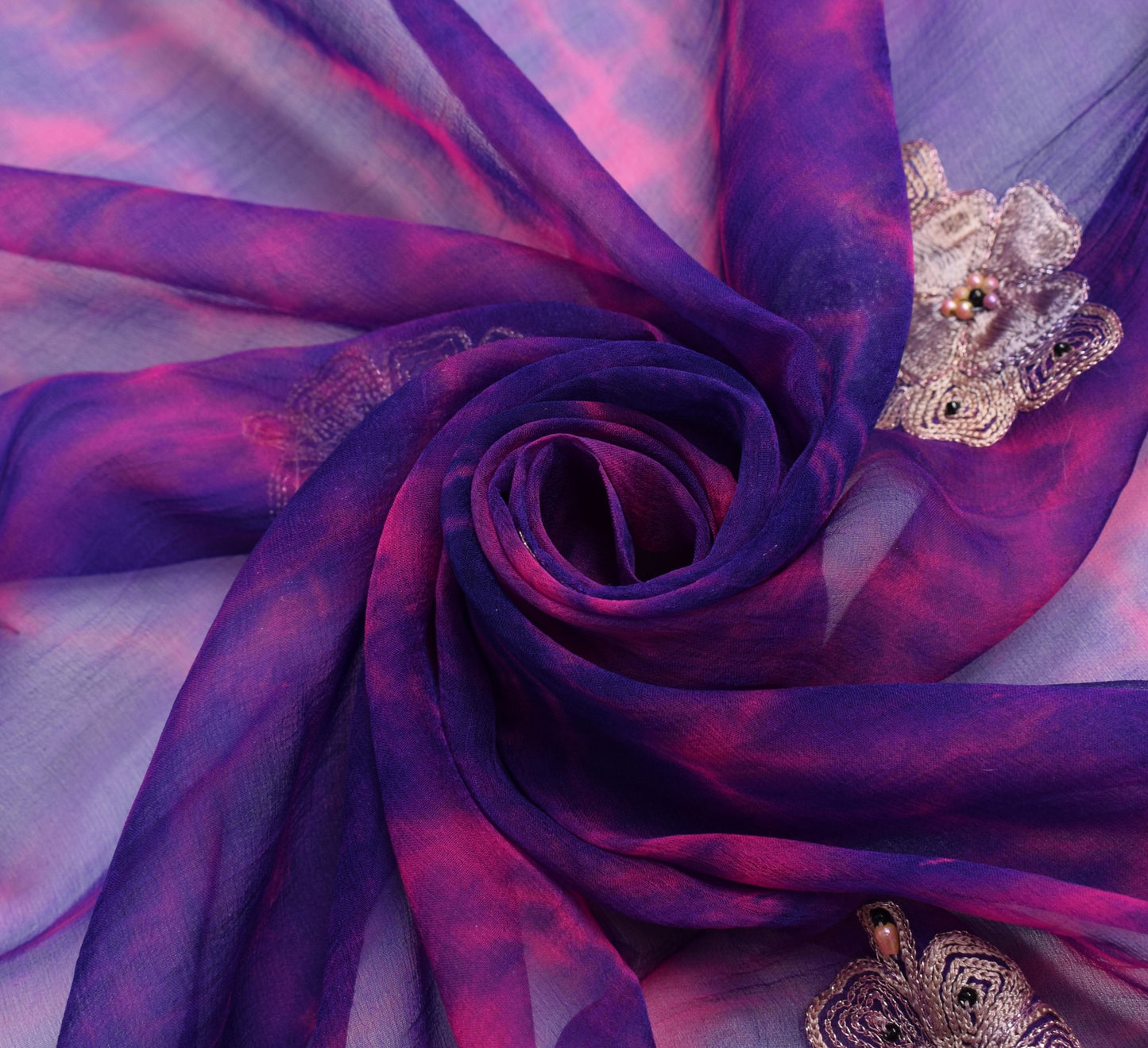 Sushila Vintage Blue Magenta Dupatta Pure Chiffon Embroidered Floral Long Stole