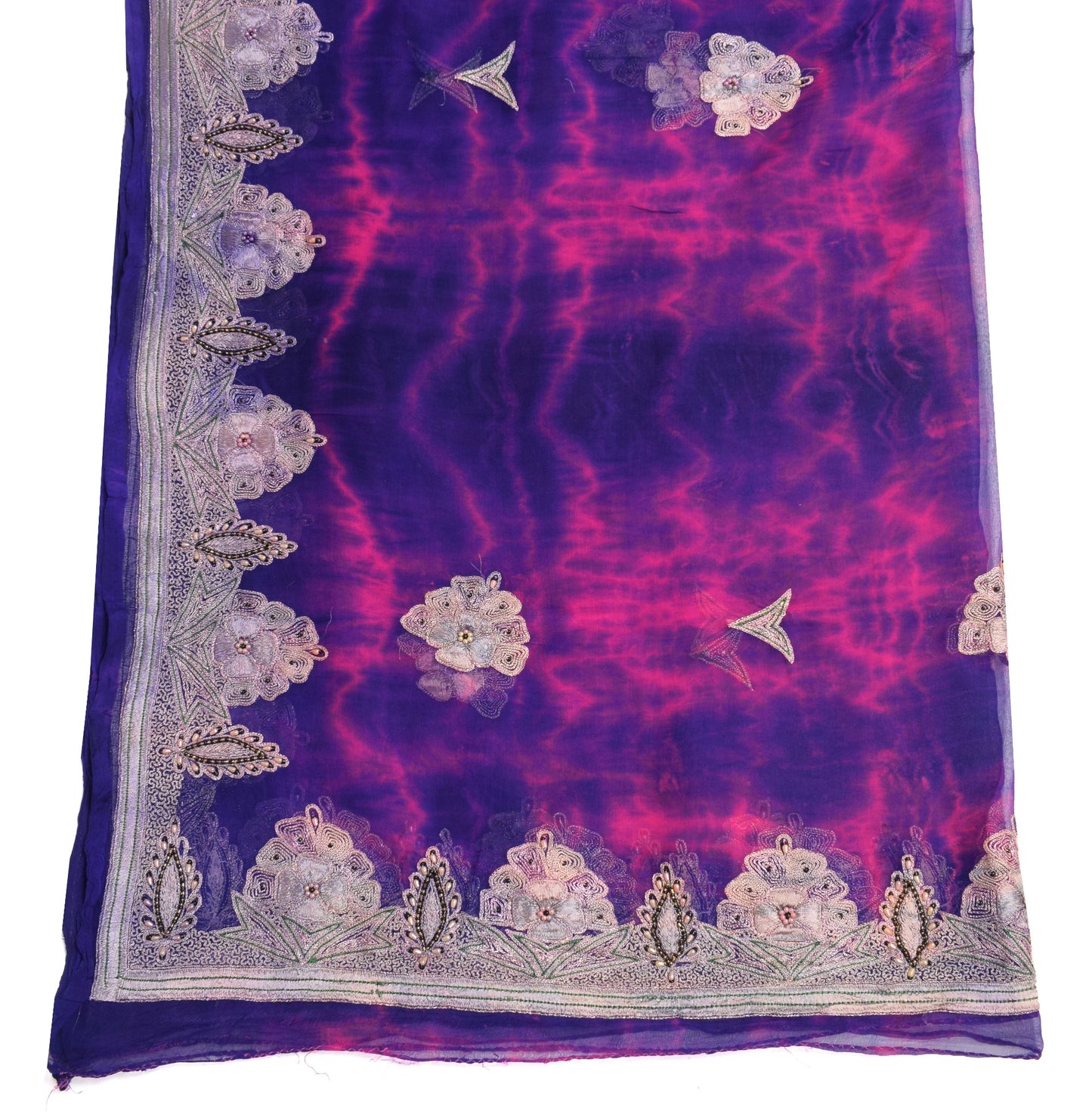 Sushila Vintage Blue Magenta Dupatta Pure Chiffon Embroidered Floral Long Stole