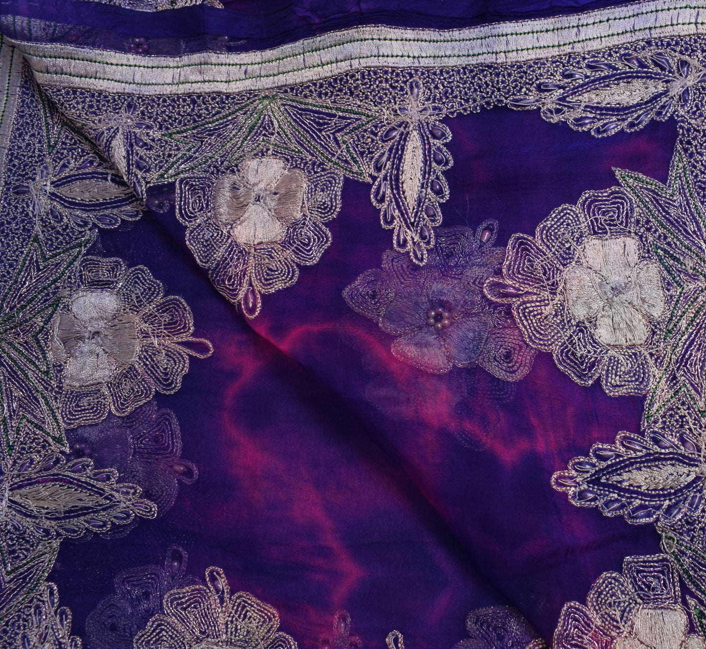 Sushila Vintage Blue Magenta Dupatta Pure Chiffon Embroidered Floral Long Stole