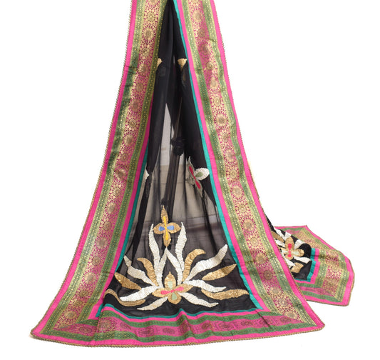 Sushila Vintage Black Gotta Patti Dupatta Pure Georgette Floral ClassyLong Stole