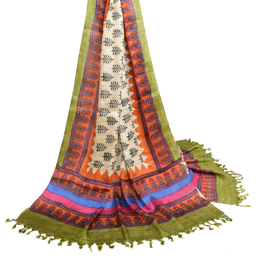 Sushila Vintage Cream Dupatta Hand Block Printed 100% Pure Rayon Soft Long Stole