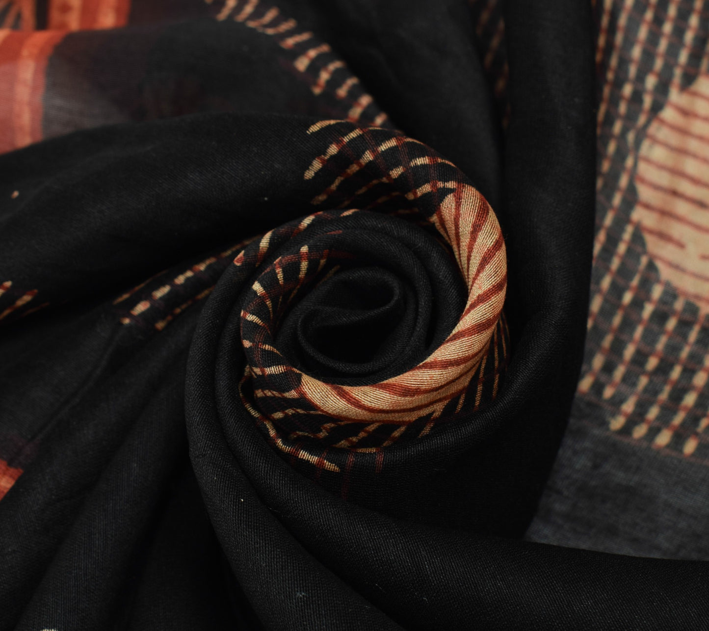 Sushila Vintage Black Pure Cotton Dupatta Hand Block Printed Indian Long Stole