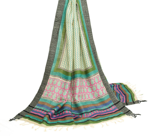Sushila Vintage Cream Pure Woolen Dupatta Hand Block Printed Warm Long Stole
