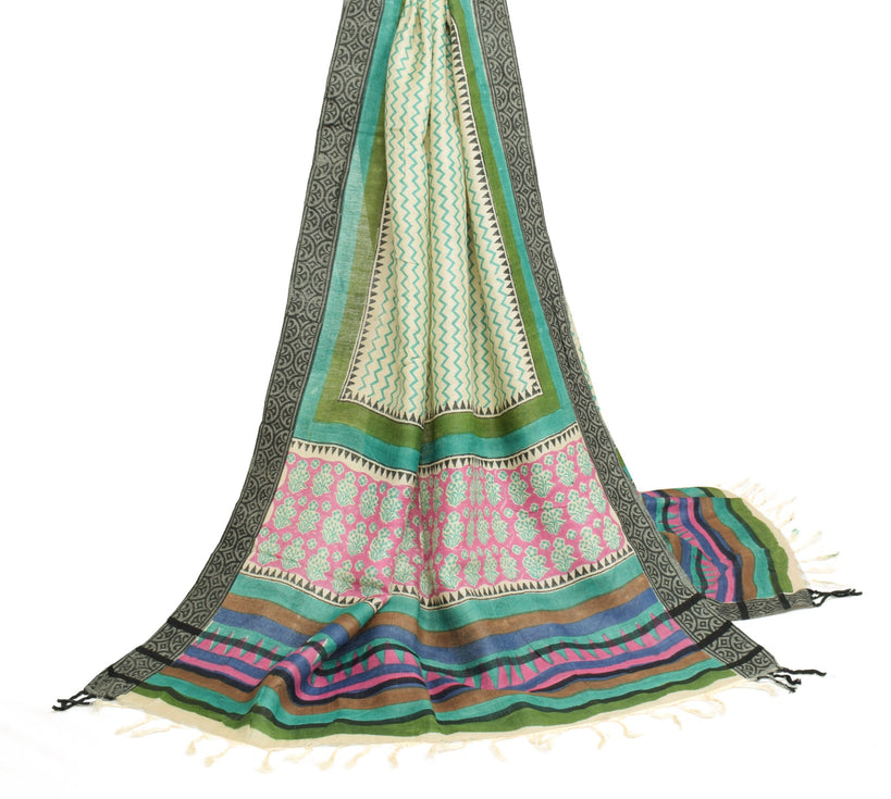 Sushila Vintage Cream Pure Woolen Dupatta Hand Block Printed Warm Long Stole
