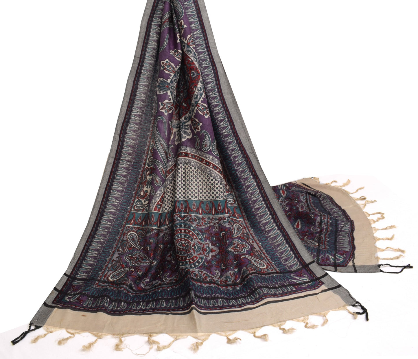 Sushila Vintage Purple Dupatta 100% Pure Woolen Woven Paisley Long Stole Shawl