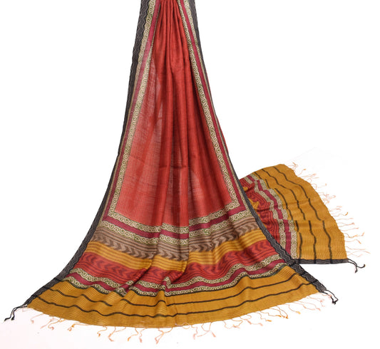 Sushila Vintage Red Dupatta Pure Woolen Hand Block Printed Stripes Long Stole