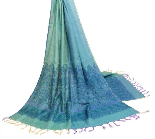 Sushila Vintage Green & Blue Dupatta 100% Pure Woolen Soft Printed Long Stole