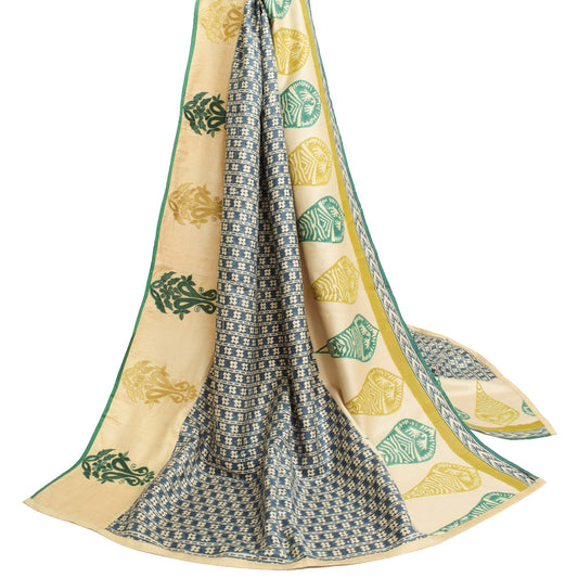 Sushila Vintage Blue Cream Dupatta Hand Block Printed Pure Woolen Long Stole