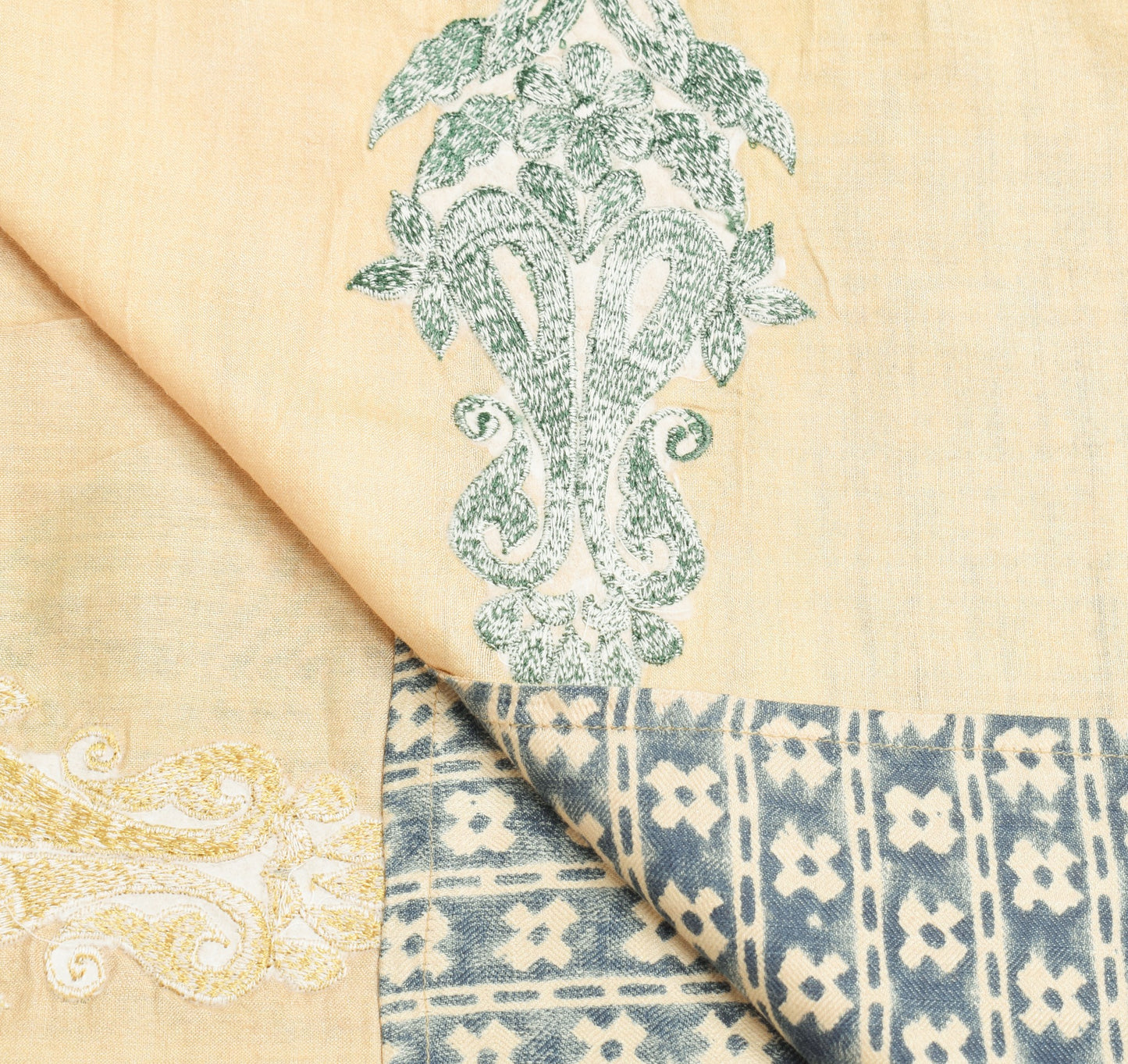 Sushila Vintage Blue Cream Dupatta Hand Block Printed Pure Woolen Long Stole