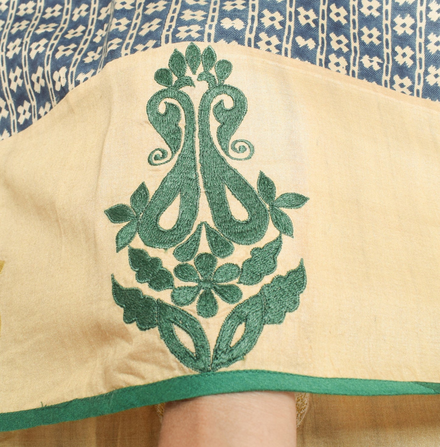 Sushila Vintage Blue Cream Dupatta Hand Block Printed Pure Woolen Long Stole