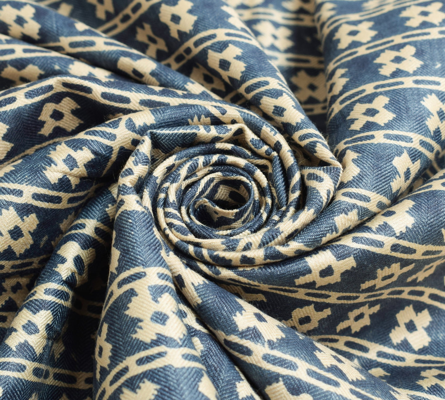 Sushila Vintage Blue Cream Dupatta Hand Block Printed Pure Woolen Long Stole