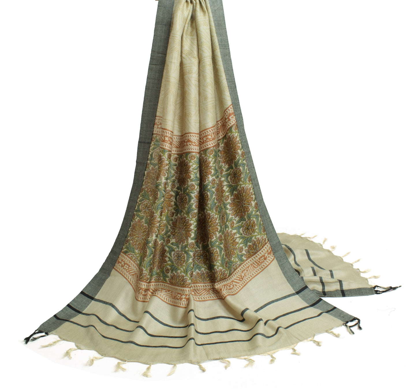 Sushila Vintage Gray Soft Dupatta Pure Woolen Printed Floral Long Stole Shawl