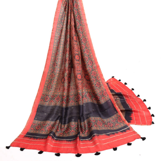 Sushila Vintage Dark Gray Dupatta Pure Woolen Printed Antique Indian Long Stole