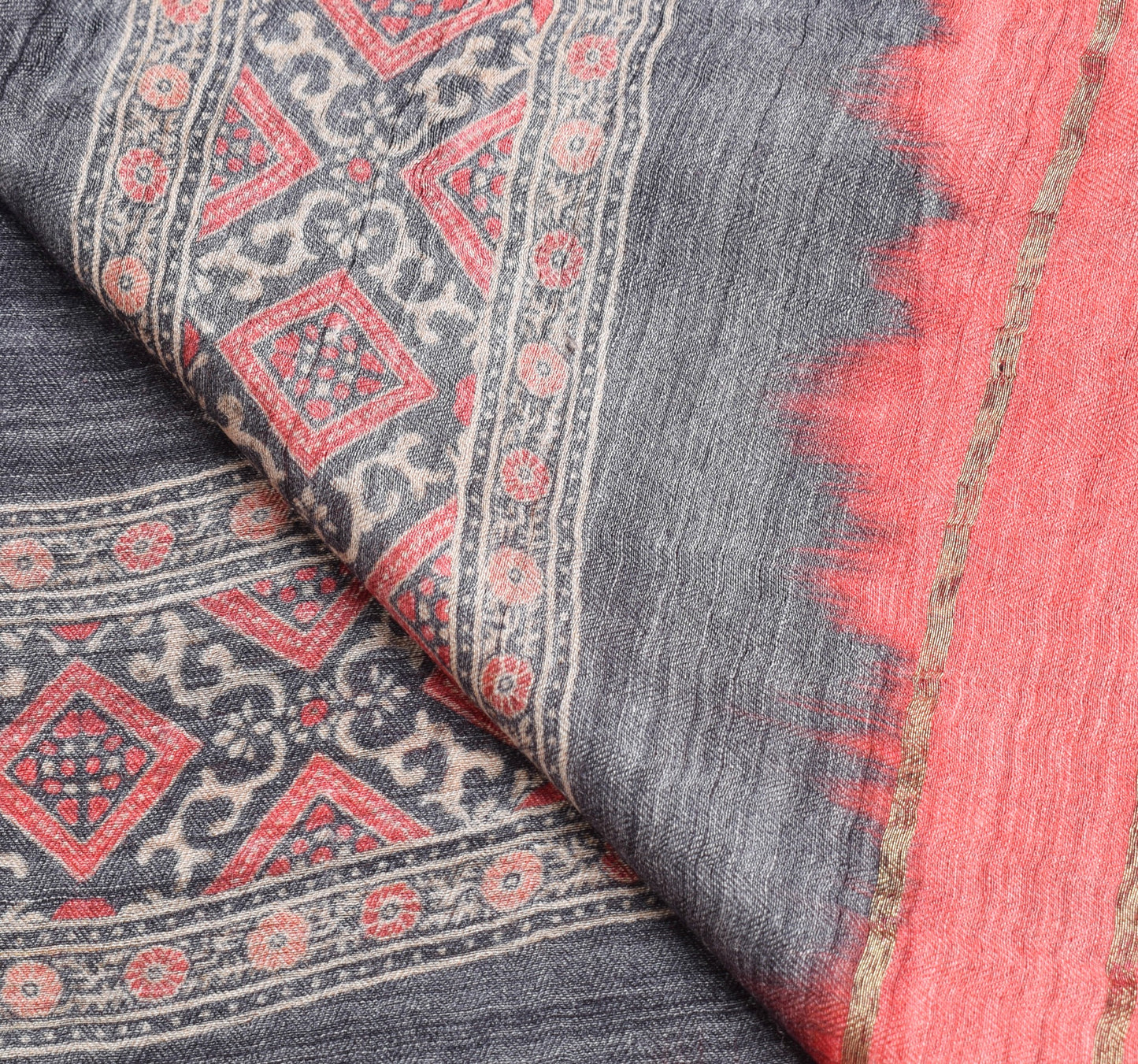 Sushila Vintage Dark Gray Dupatta Pure Woolen Printed Antique Indian Long Stole