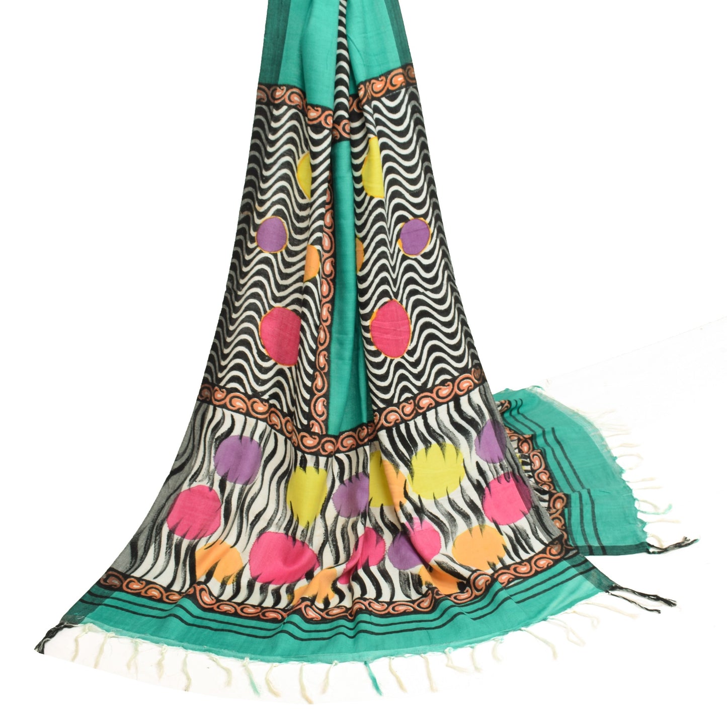 Sushila Vintage Pure Woolen Dupatta Teal Green Hand Block Printed Warm LongStole