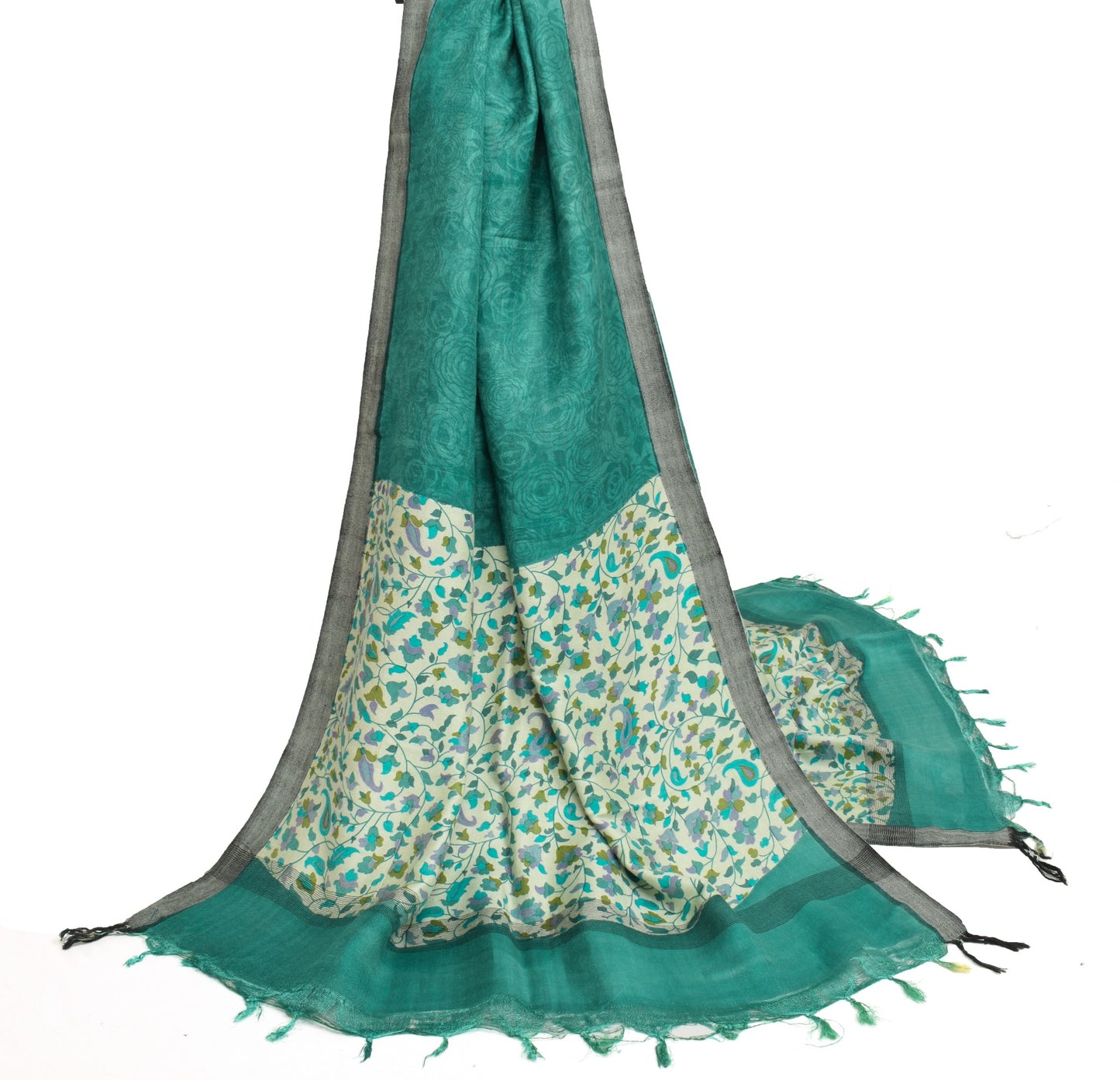 Sushila Vintage Teal Green Dupatta Pure Woolen Floral Printed Soft Long Stole