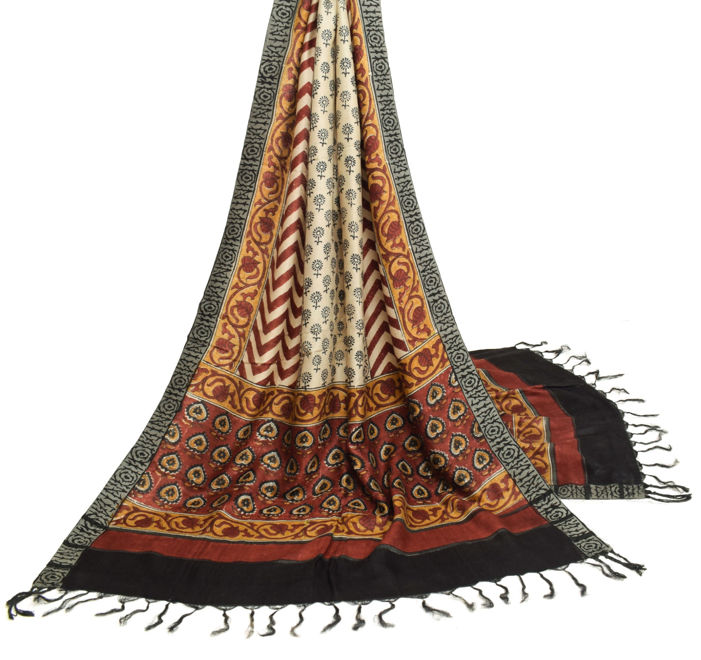 Sushila Vintage Cream Pure Woolen Dupatta Hand Block Printed Soft Long Stole