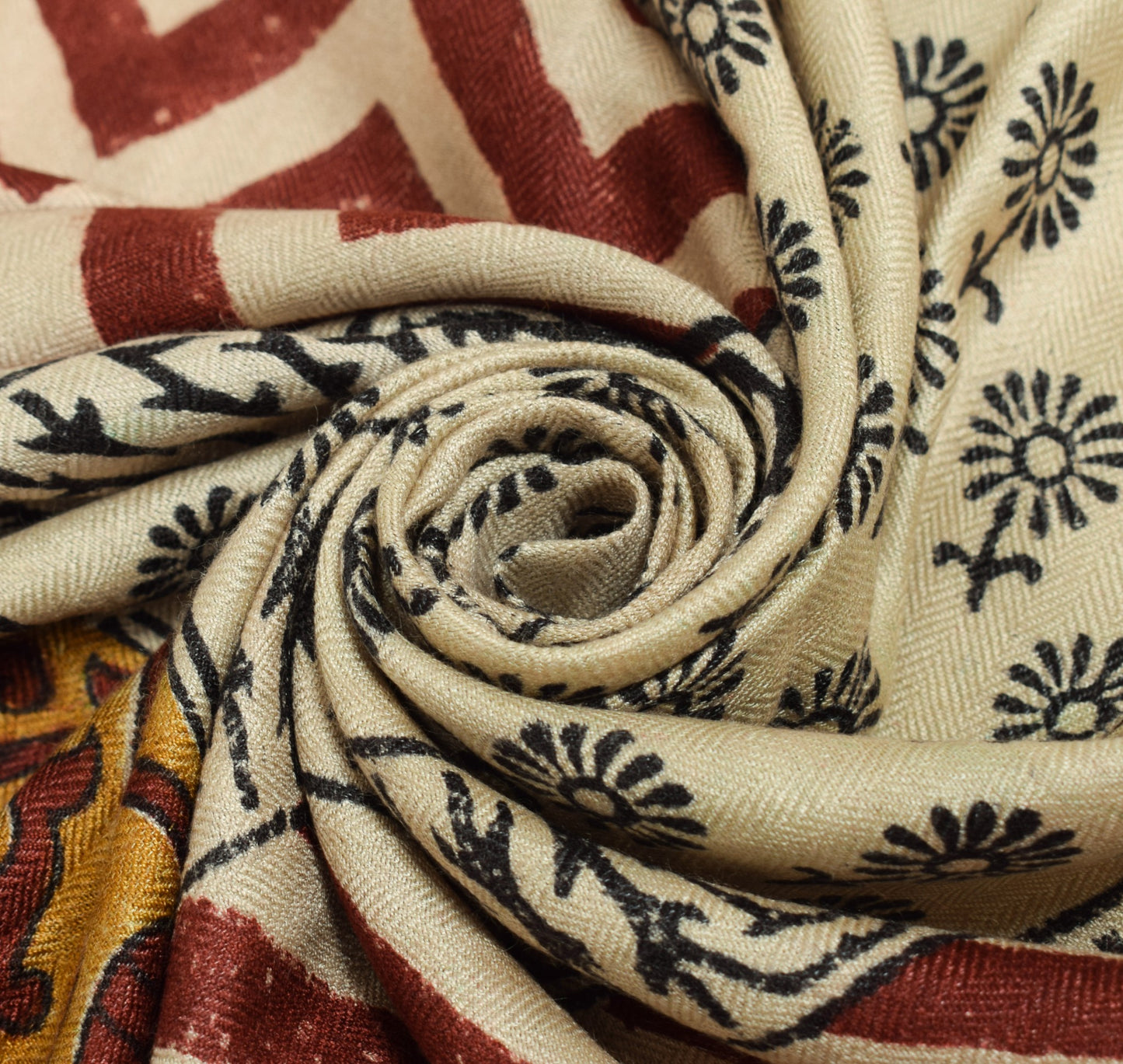 Sushila Vintage Cream Pure Woolen Dupatta Hand Block Printed Soft Long Stole