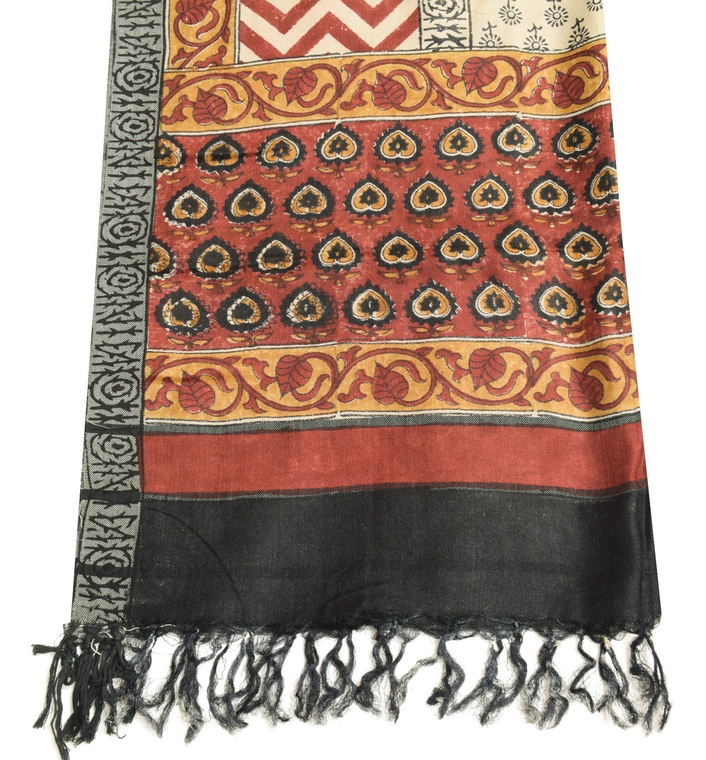 Sushila Vintage Cream Pure Woolen Dupatta Hand Block Printed Soft Long Stole