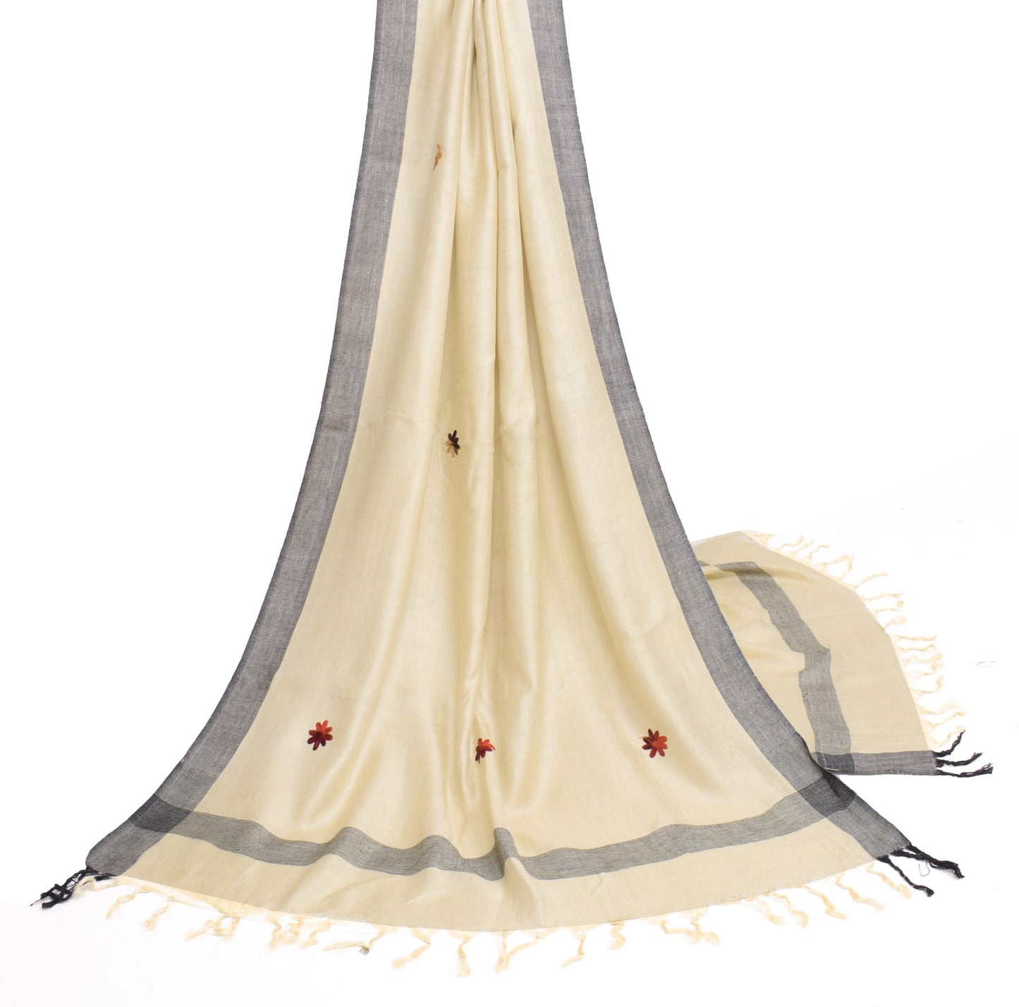 Sushila Vintage Cream Dupatta Pure Woolen Kashmiri Embroidered Long Stole Shwal