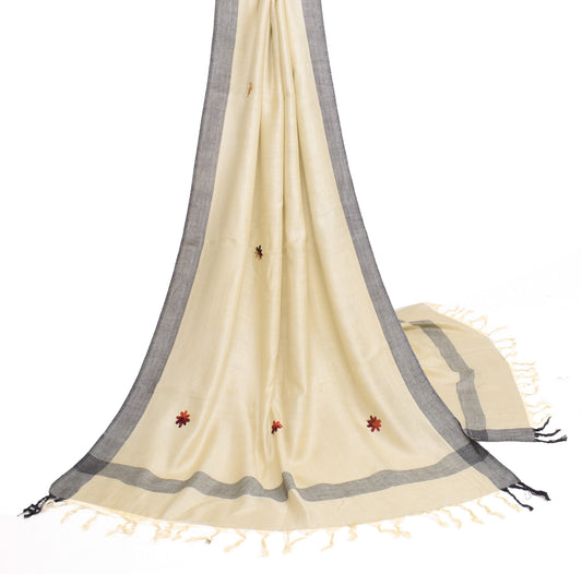 Sushila Vintage Cream Dupatta Pure Woolen Kashmiri Embroidered Long Stole Shwal