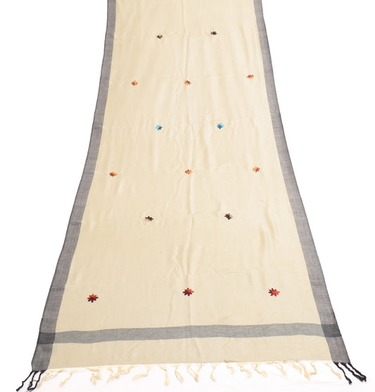 Sushila Vintage Cream Dupatta Pure Woolen Kashmiri Embroidered Long Stole Shwal