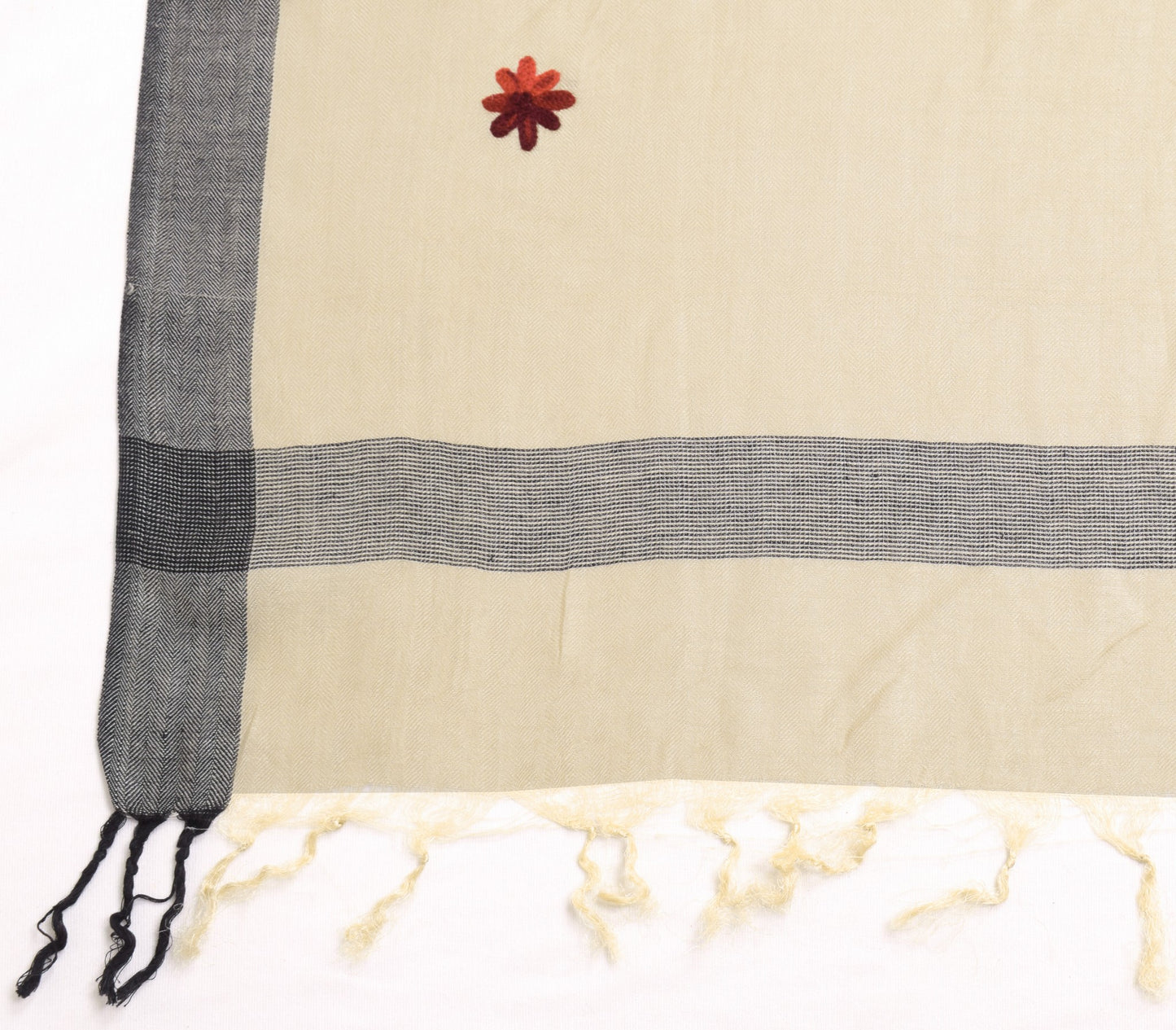 Sushila Vintage Cream Dupatta Pure Woolen Kashmiri Embroidered Long Stole Shwal
