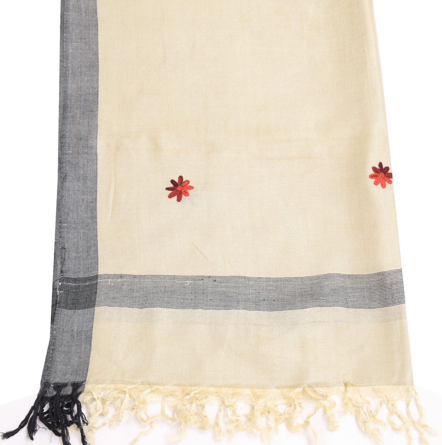 Sushila Vintage Cream Dupatta Pure Woolen Kashmiri Embroidered Long Stole Shwal