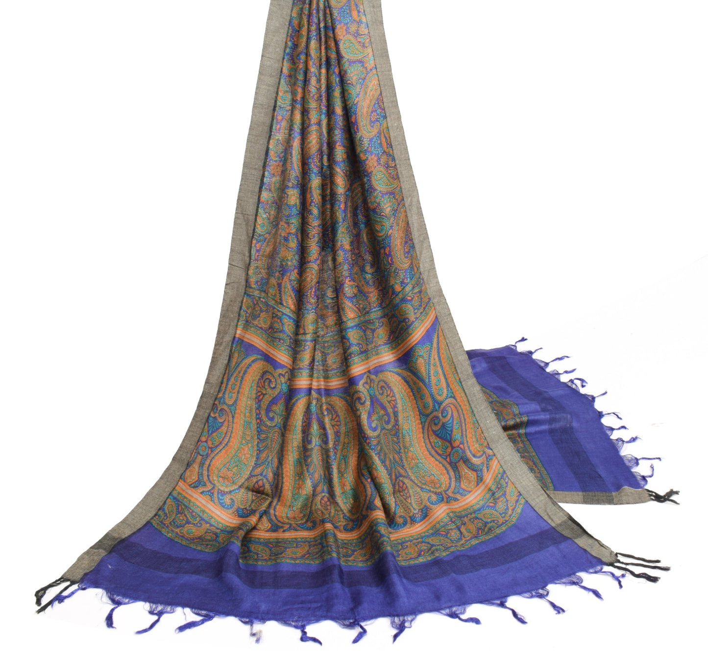 Sushila Vintage Blue Dupatta Paisley Printed 100%Pure Woolen Warm Soft LongStole