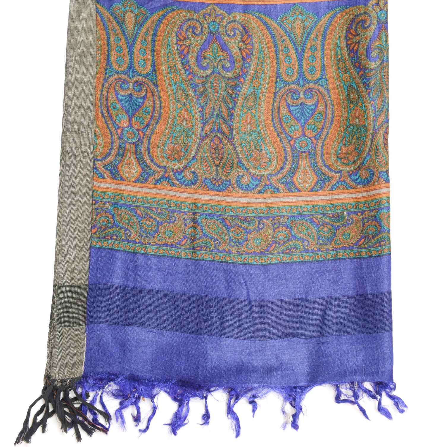 Sushila Vintage Blue Dupatta Paisley Printed 100%Pure Woolen Warm Soft LongStole